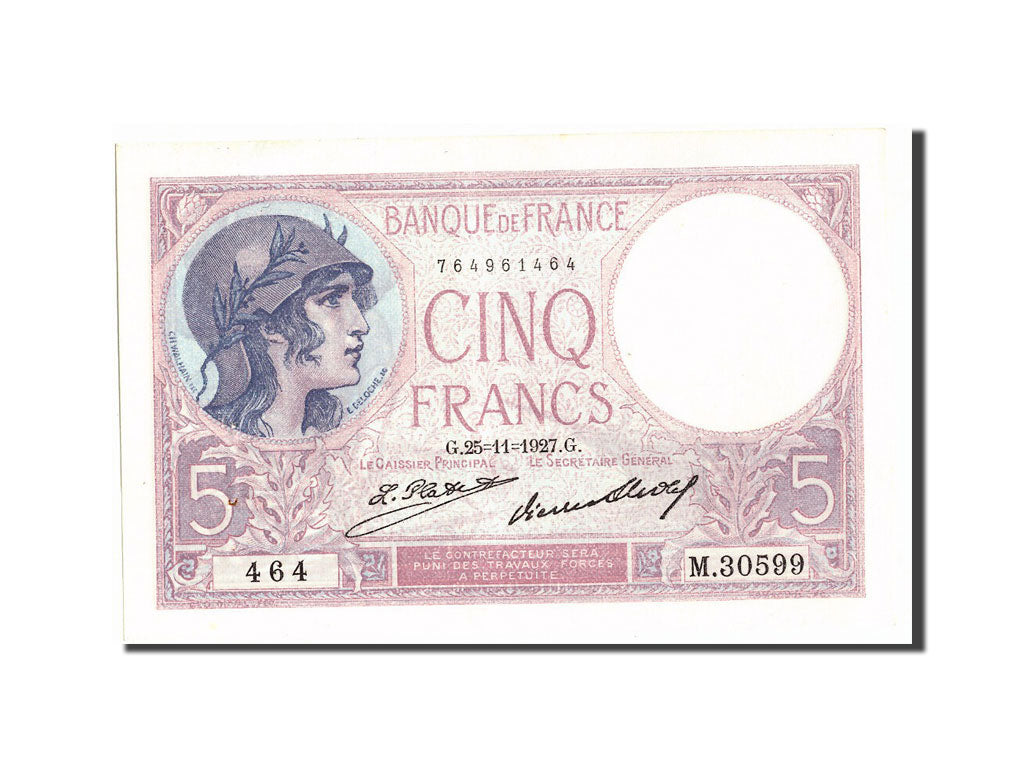Biljet, Frankrijk, 5 Francs, 5 F 1917-1940 ''Violet'', 1927, 1927-11-25, SPL