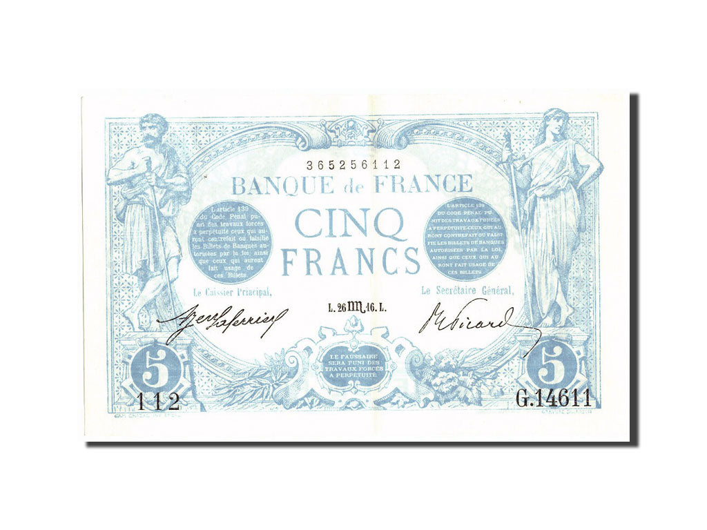 Geldschein, Frankreich, 5 Francs, 5 F 1912-1917 ''Bleu'', 1916, 1916-10-26, VZ