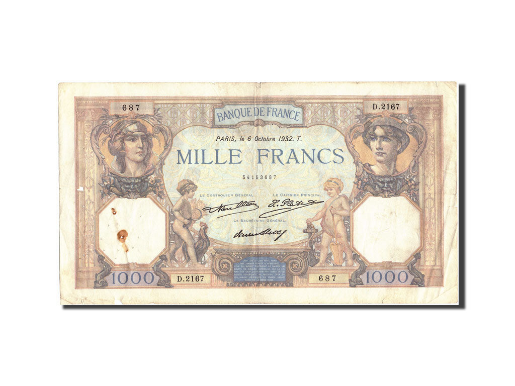 Geldschein, Frankreich, 1000 Francs, 1 000 F 1927-1940 ''Cérès et Mercure''