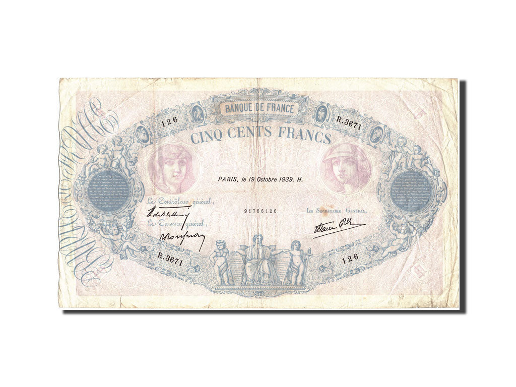 Billete, Francia, 500 Francs, 500 F 1888-1940 ''Bleu et Rose'', 1939