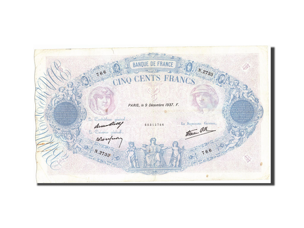 Billete, Francia, 500 Francs, 500 F 1888-1940 ''Bleu et Rose'', 1937