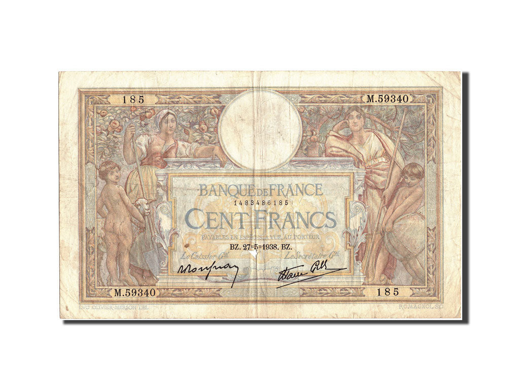 Banknote, France, 100 Francs, 100 F 1908-1939 ''Luc Olivier Merson'', 1938
