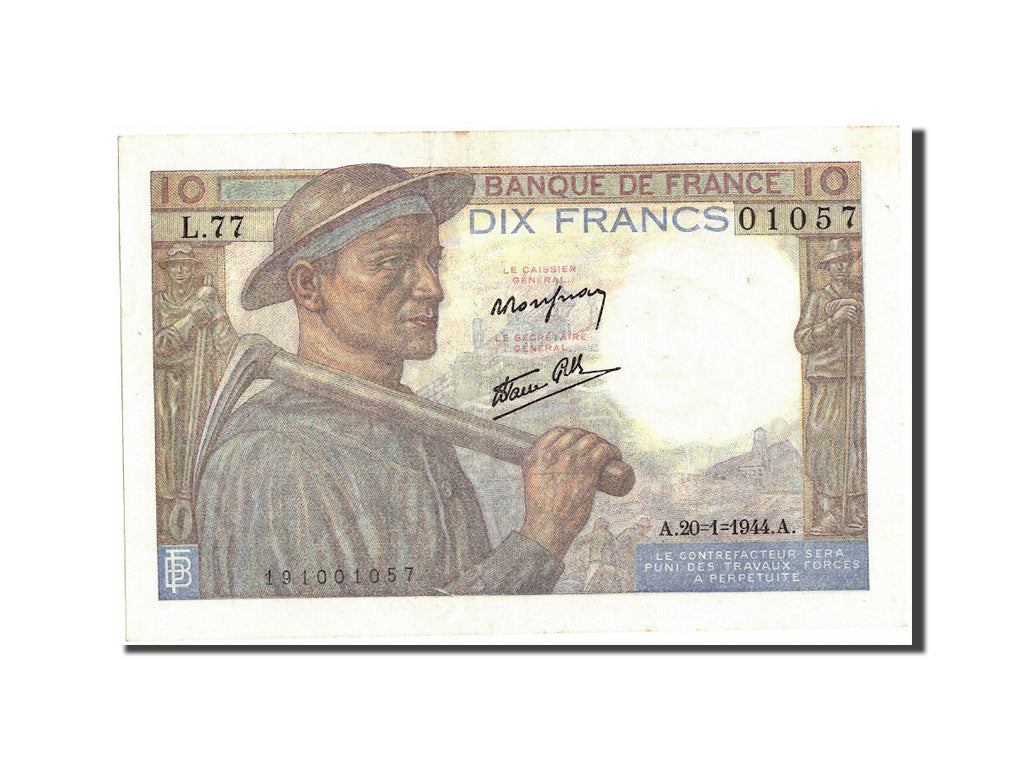 Banknote, France, 10 Francs, 10 F 1941-1949 ''Mineur'', 1944, 1944-01-20