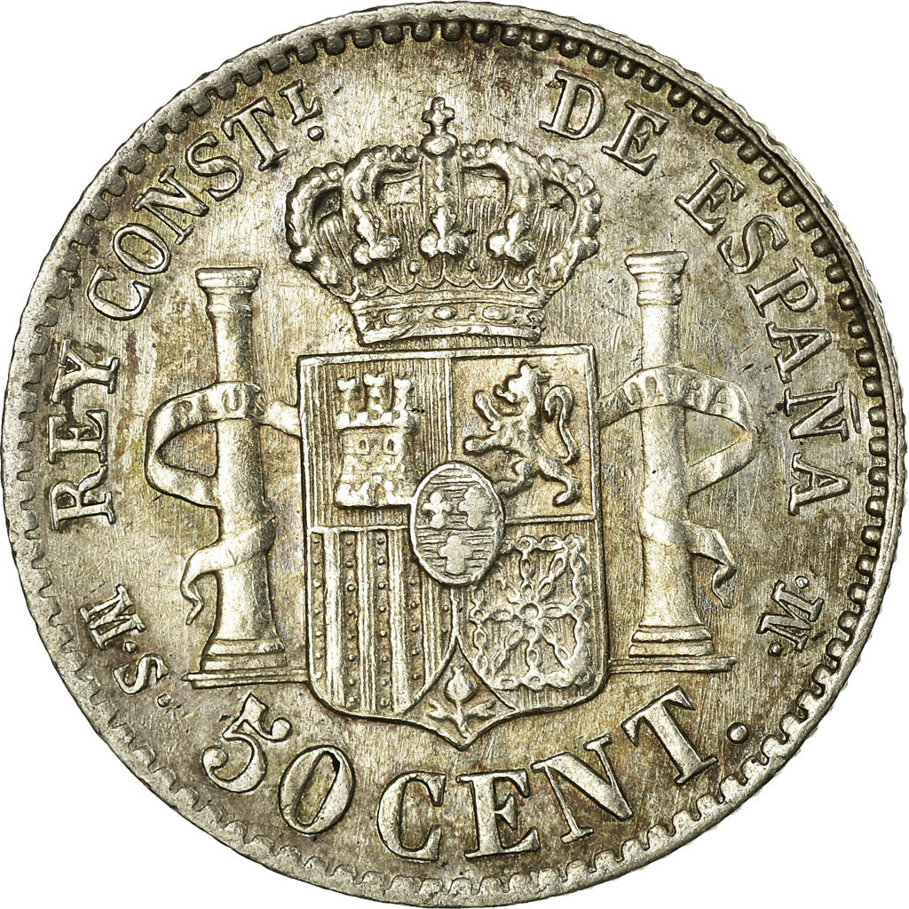 Coin, Spain, Alfonso XII, 50 Centimos, 1880, MS(60-62), Silver, KM:685