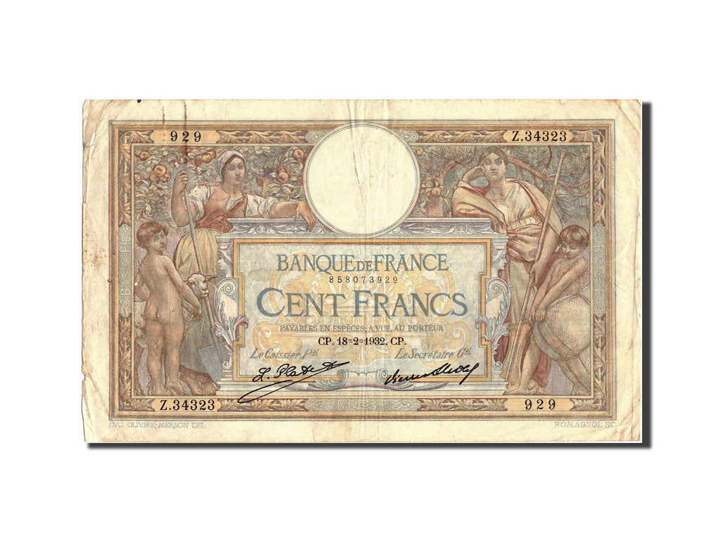 Banknote, France, 100 Francs, 100 F 1908-1939 ''Luc Olivier Merson'', 1932