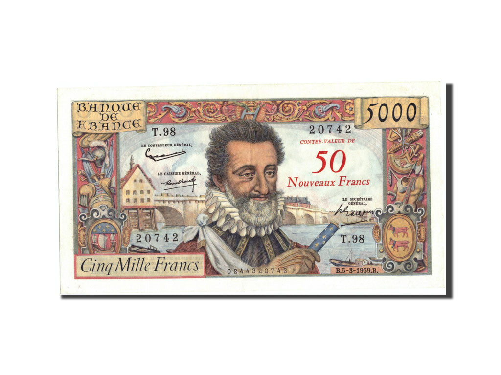 Banknote, France, 50 Nouveaux Francs on 5000 Francs, 1955-1959 Overprinted with