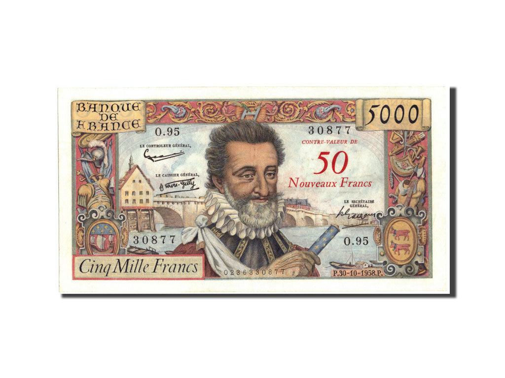 Banknot, Francja, 50 Nouveaux Francs on 5000 Francs, 1955-1959 Overprinted with
