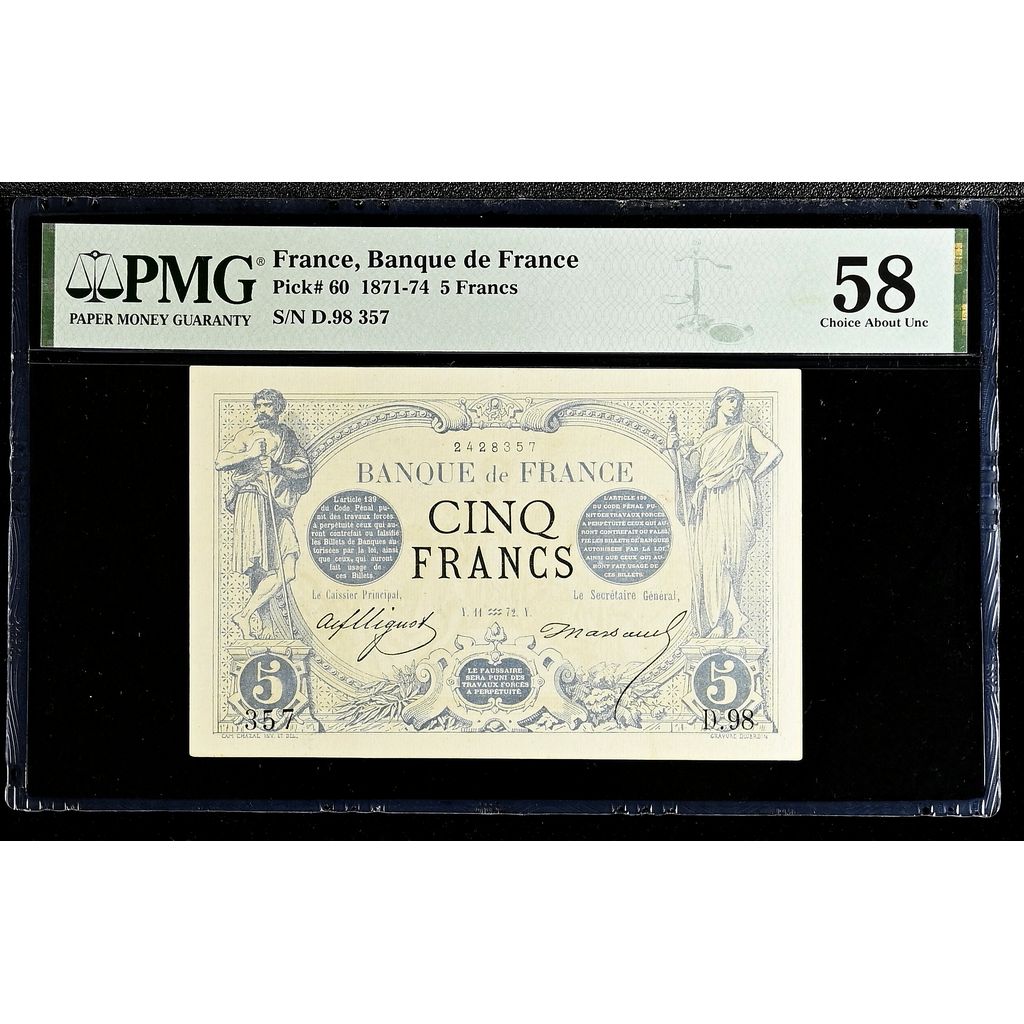 France, 5 Francs, Noir, 1872-01-11, D.98, AU 58, PMG