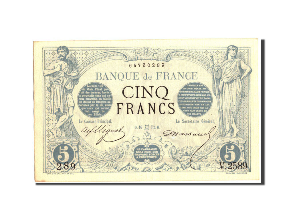 Billete, Francia, 5 Francs, 5 F 1871-1874 ''Noir'', 1873, 1873-05-16, MBC+