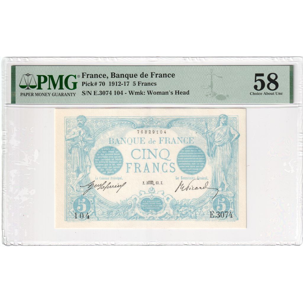 France, 5 Francs, Bleu, 1913-10-03, E.3074, AU 58, PMG
