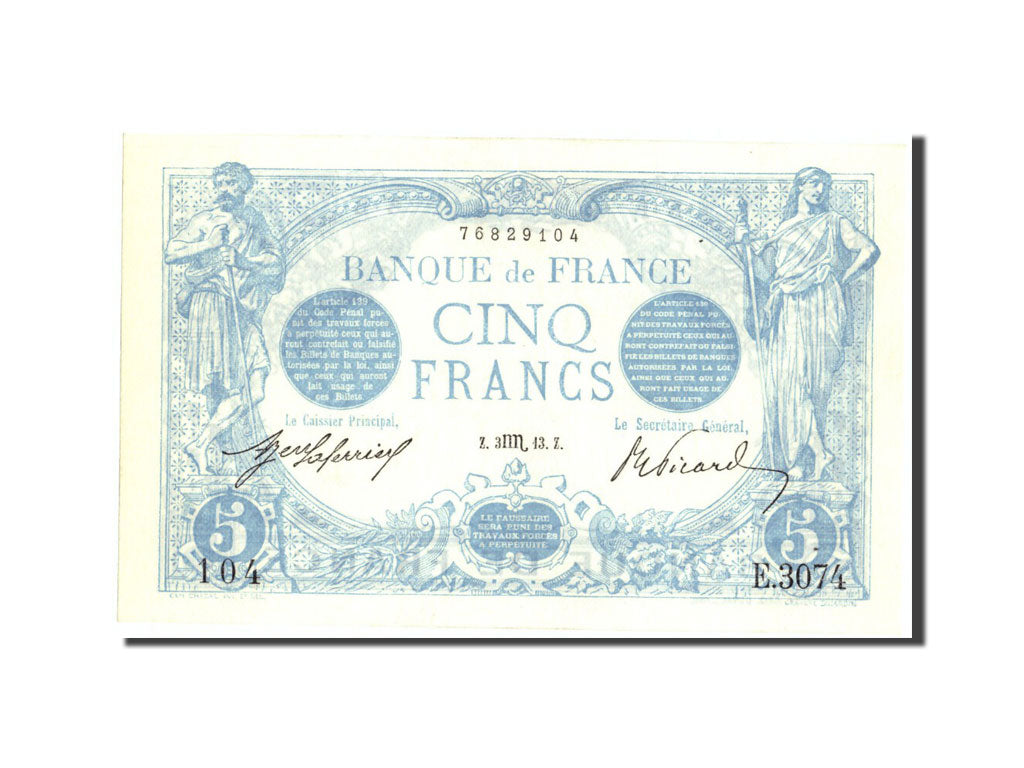 França, 5 Francs, Bleu, 1913-10-03, E.3074, AU 58, PMG