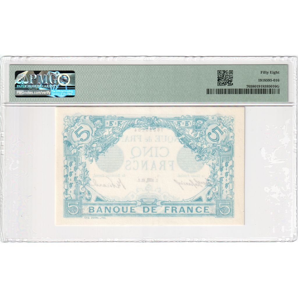 France, 5 Francs, Bleu, 1913-10-03, E.3074, AU 58, PMG