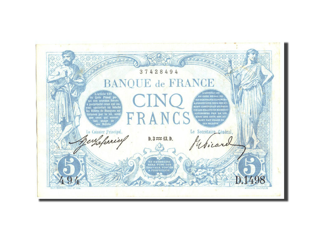 Geldschein, Frankreich, 5 Francs, 5 F 1912-1917 ''Bleu'', 1913, 1913-01-03, VZ