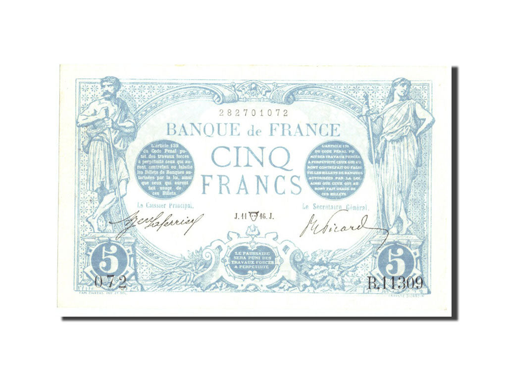 Geldschein, Frankreich, 5 Francs, 5 F 1912-1917 ''Bleu'', 1916, 1916-04-11, VZ+