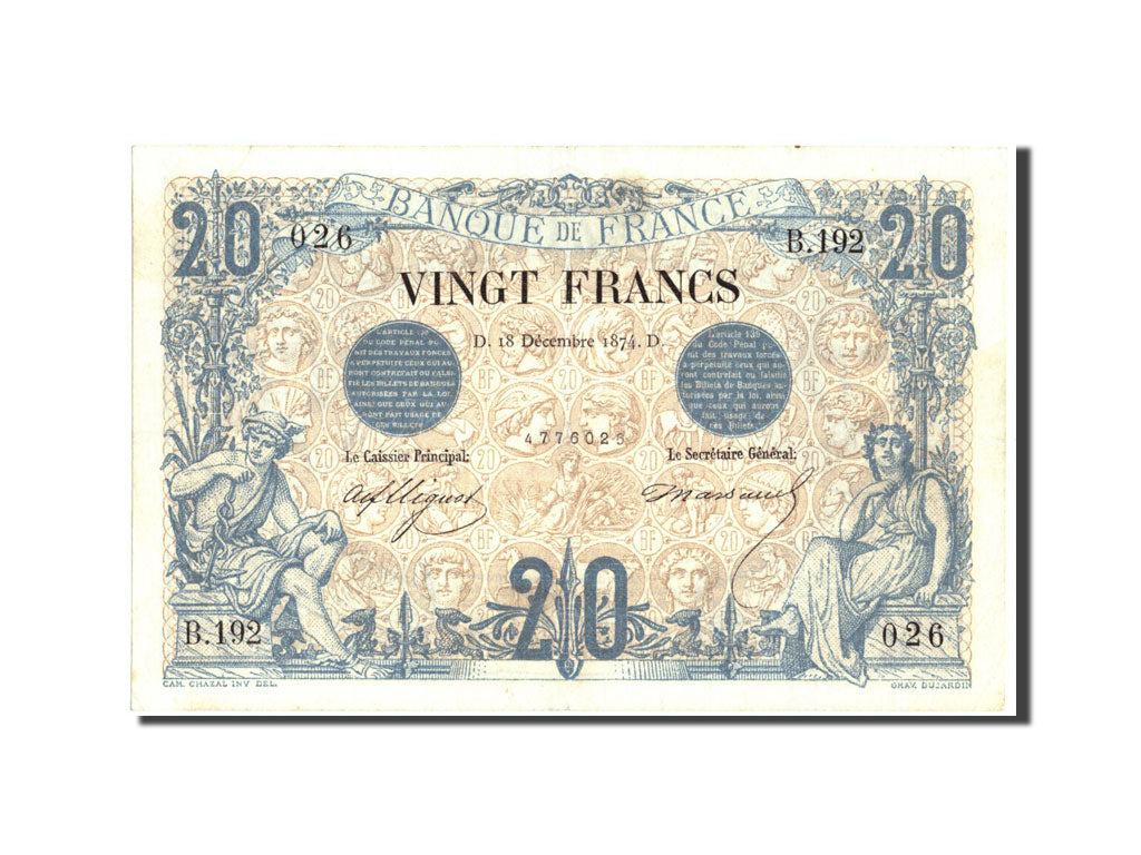 Francia, 20 Francs, Noir, 1874-12-18, B.192, BB+