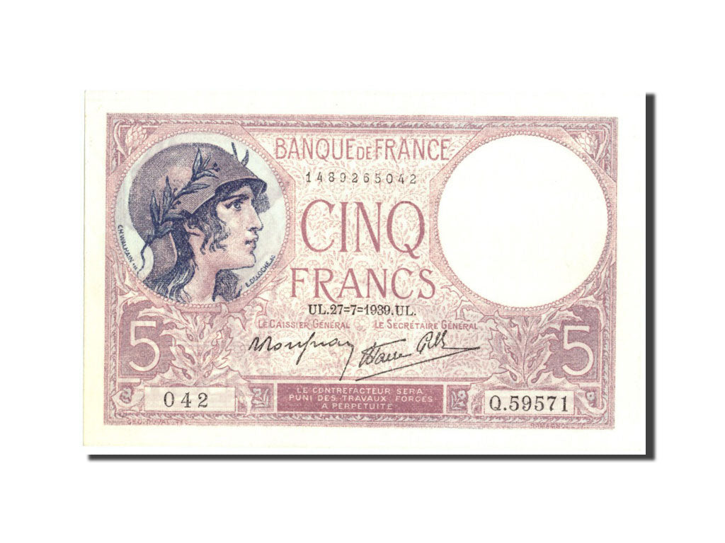 Banconote, Francia, 5 Francs, 5 F 1917-1940 ''Violet'', 1939, 1939-07-27, SPL