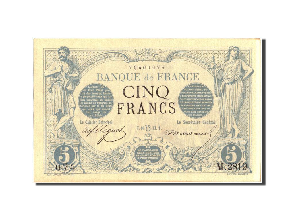 Billete, Francia, 5 Francs, 5 F 1871-1874 ''Noir'', 1873, 1873-07-10, EBC+