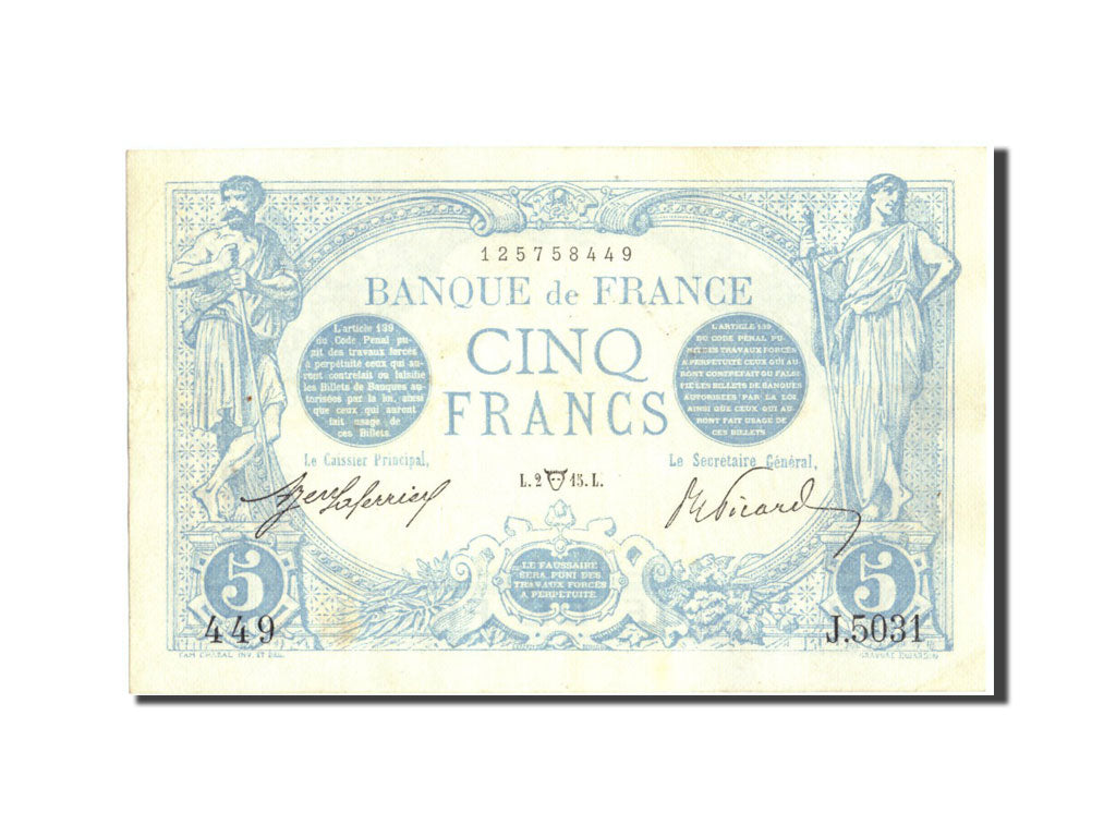 Geldschein, Frankreich, 5 Francs, 5 F 1912-1917 ''Bleu'', 1915, 1915-04-02, VZ