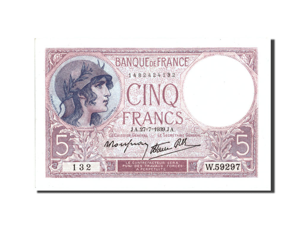 Banconote, Francia, 5 Francs, 5 F 1917-1940 ''Violet'', 1939, 1939-07-27, SPL