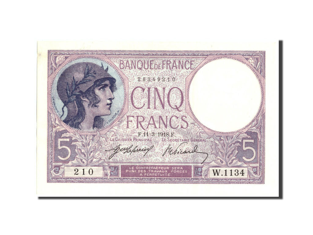 Banknote, France, 5 Francs, 5 F 1917-1940 ''Violet'', 1918, 1918-03-11, UNC(63)