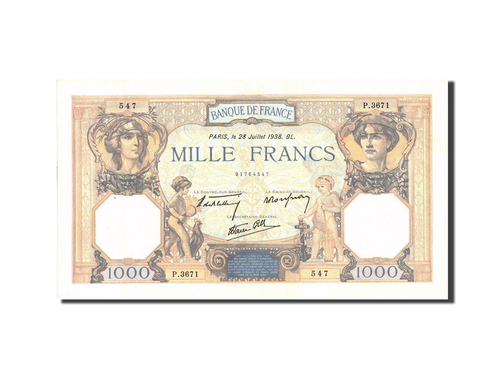 Banknot, Francja, 1000 Francs, Cérès et Mercure, 1938, 1938-07-28, AU(50-53)