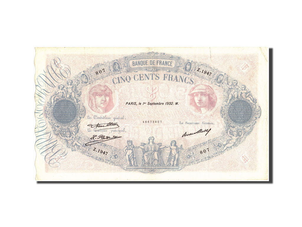 Billete, Francia, 500 Francs, 500 F 1888-1940 ''Bleu et Rose'', 1932
