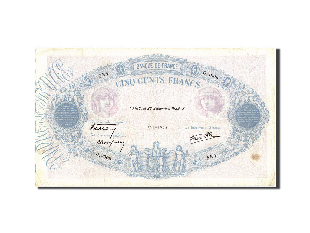 Banknote, France, 500 Francs, 500 F 1888-1940 ''Bleu et Rose'', 1939