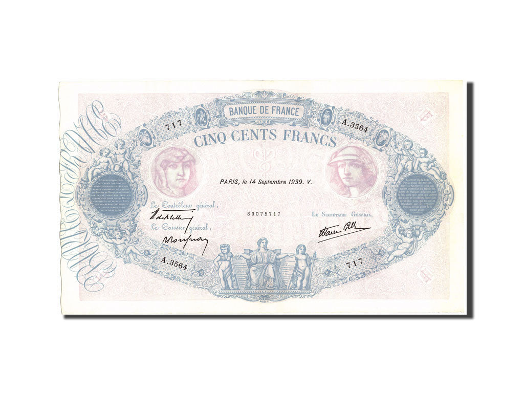 Geldschein, Frankreich, 500 Francs, 500 F 1888-1940 ''Bleu et Rose'', 1939