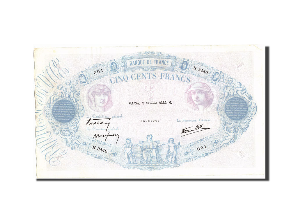 Geldschein, Frankreich, 500 Francs, 500 F 1888-1940 ''Bleu et Rose'', 1939