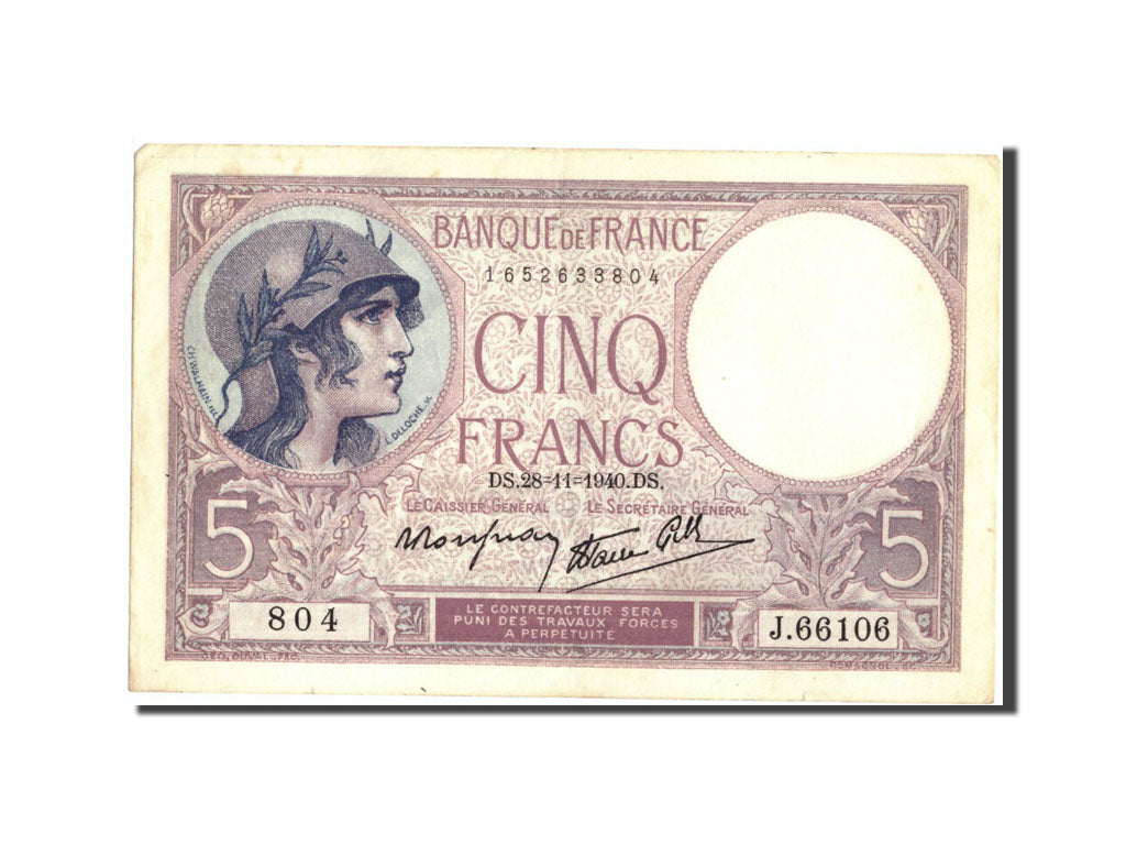 Billet, France, 5 Francs, 5 F 1917-1940 ''Violet'', 1940, 1940-11-28, TTB+