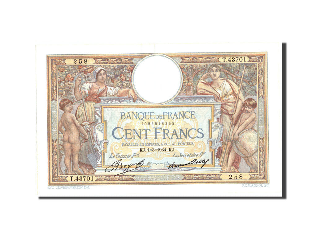 Banknote, France, 100 Francs, 100 F 1908-1939 ''Luc Olivier Merson'', 1934