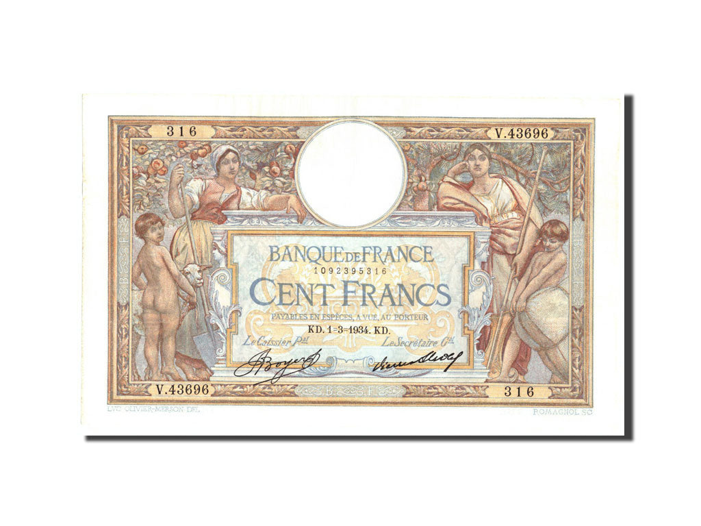 Banknote, France, 100 Francs, 100 F 1908-1939 ''Luc Olivier Merson'', 1934