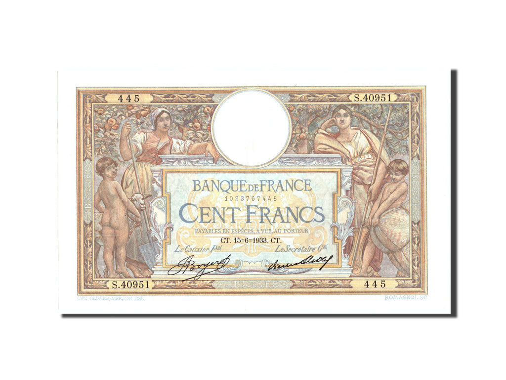 Banknote, France, 100 Francs, 100 F 1908-1939 ''Luc Olivier Merson'', 1933