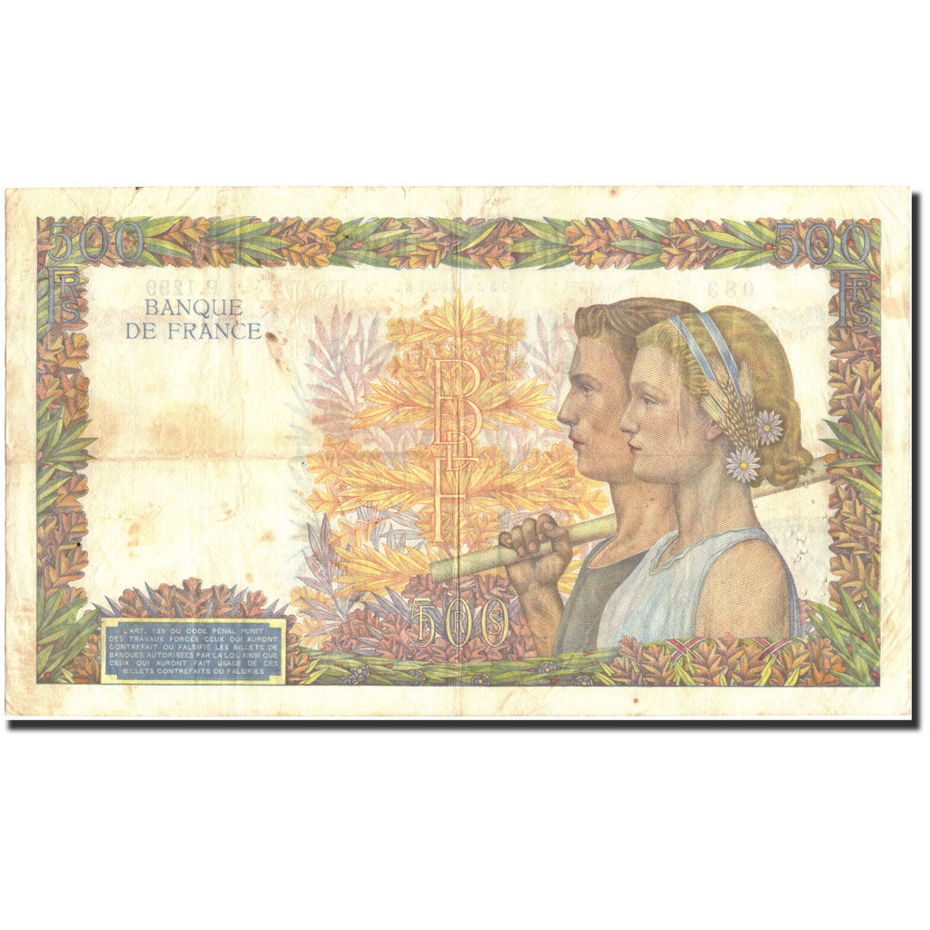 Geldschein, Frankreich, 500 Francs, 500 F 1940-1944 ''La Paix'', 1940