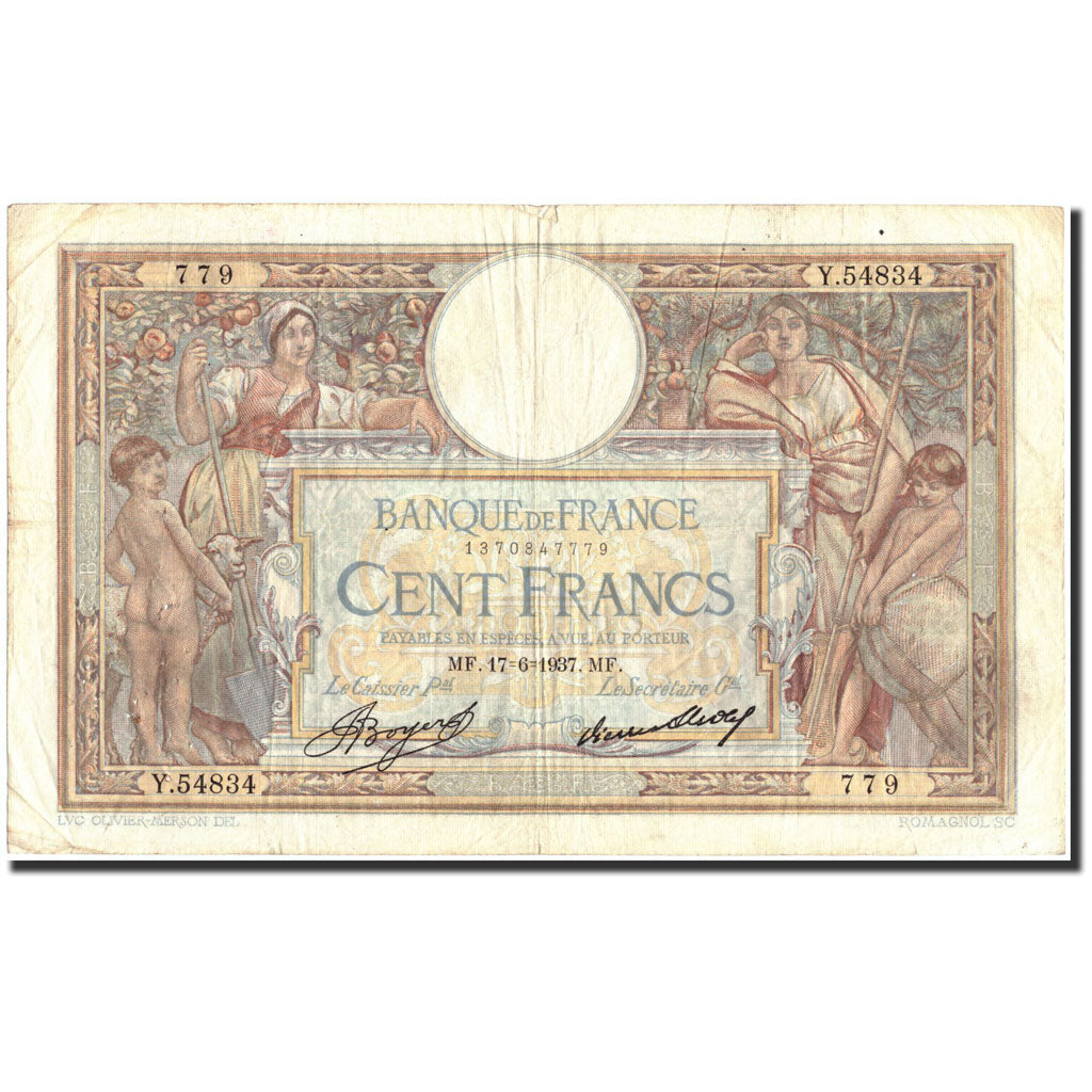 Billete, Francia, 100 Francs, 100 F 1908-1939 ''Luc Olivier Merson'', 1937