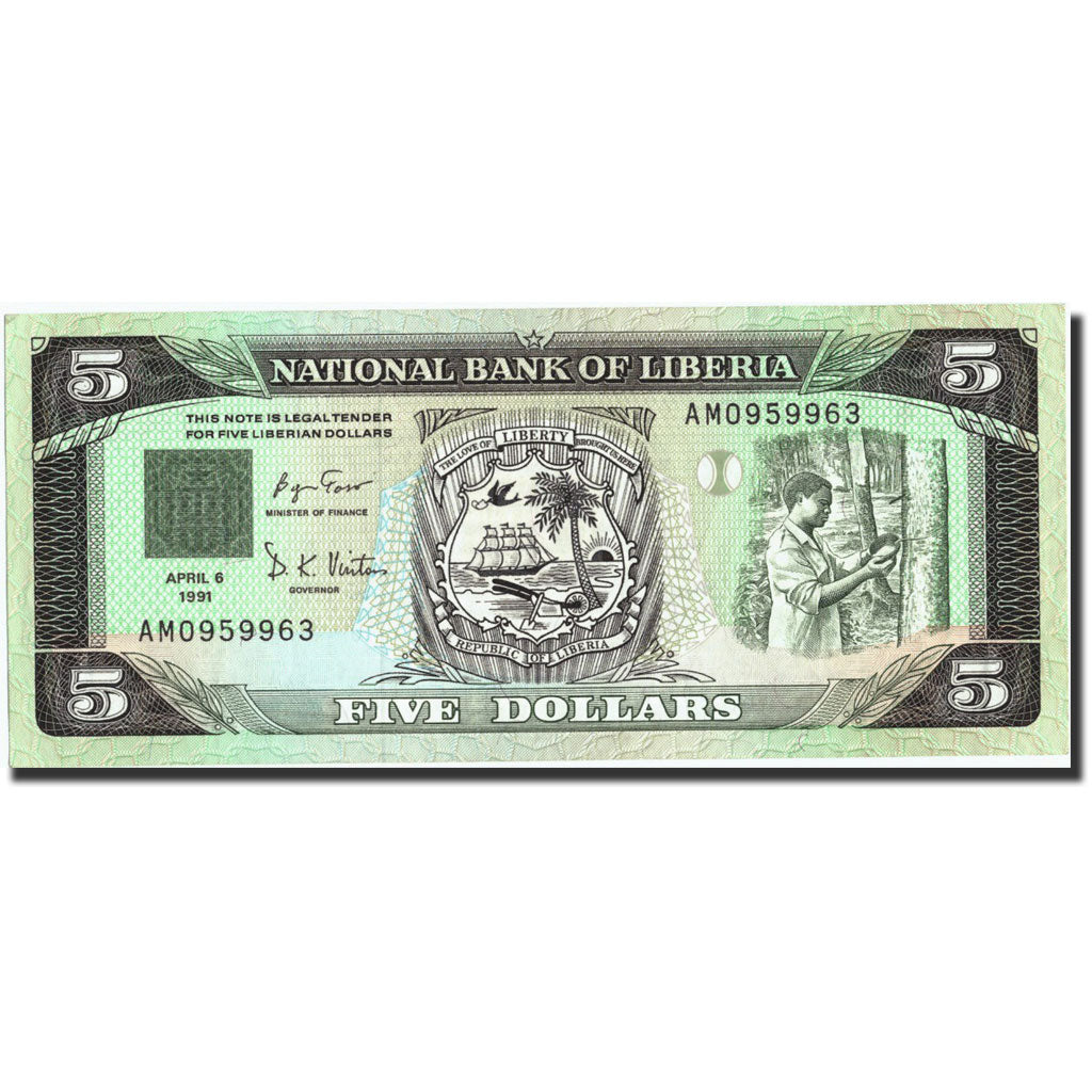 Banknote, Liberia, 5 Dollars, 1991, 1991-04-06, KM:20, UNC(65-70)
