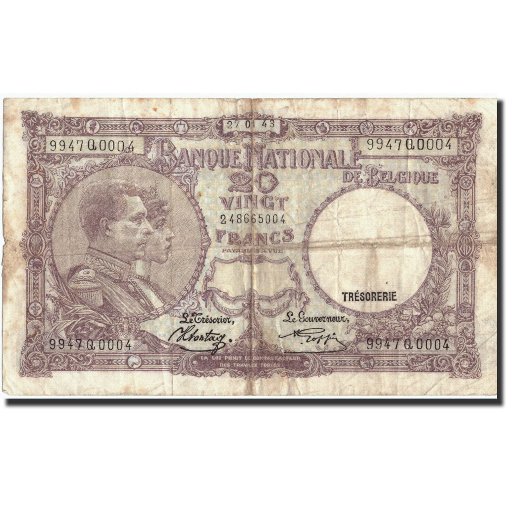 Geldschein, Belgien, 20 Francs, 1943, 1947-01-27, KM:111, S