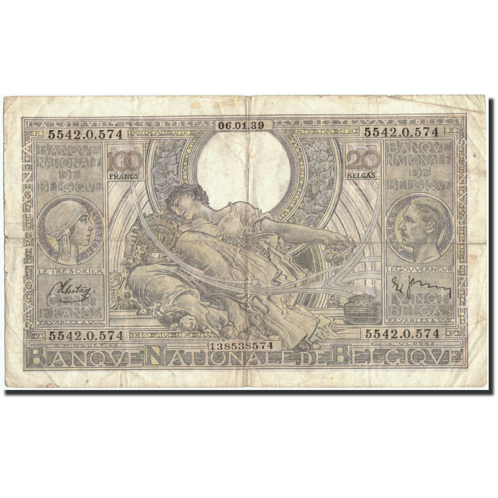 Banknot, Belgia, 100 Francs-20 Belgas, 1939, 1939-01-06, KM:107, VF(20-25)