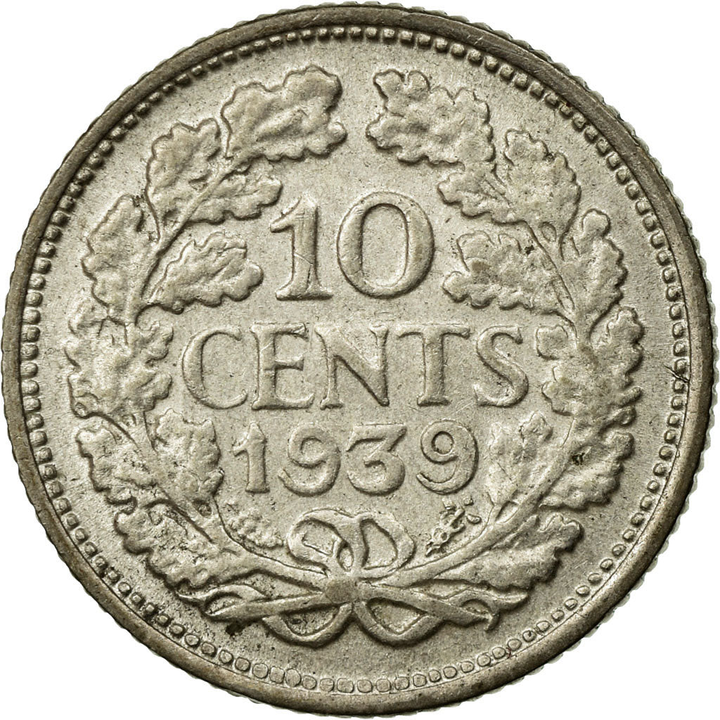 Coin, Netherlands, Wilhelmina I, 10 Cents, 1939, MS(60-62), Silver, KM:163