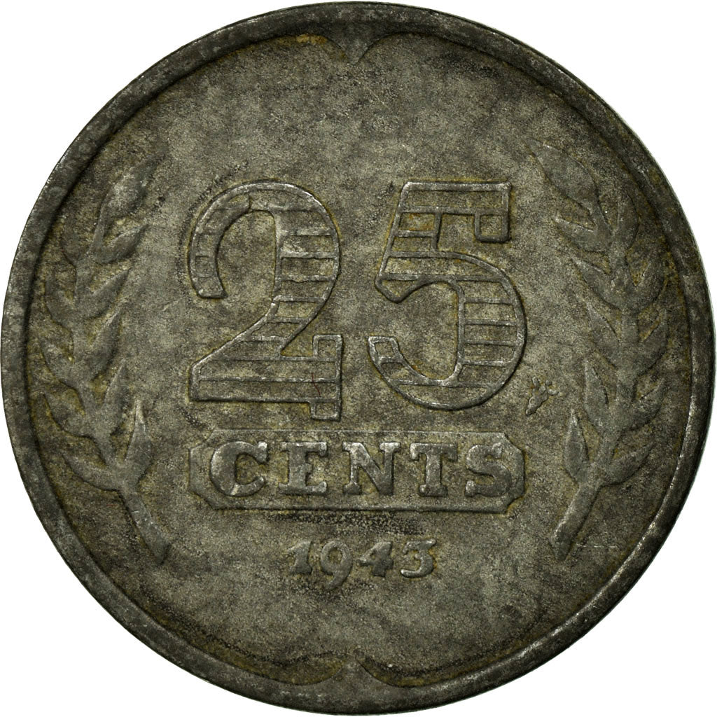Coin, Netherlands, Wilhelmina I, 25 Cents, 1943, AU(55-58), Zinc, KM:174