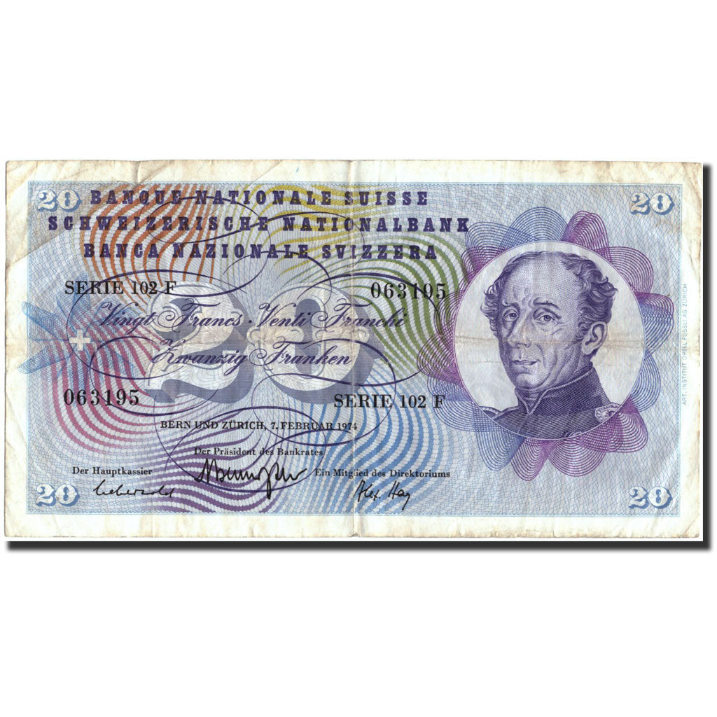 Biljet, Zwitserland, 20 Franken, 1974, 1974-02-07, KM:46v, TB+