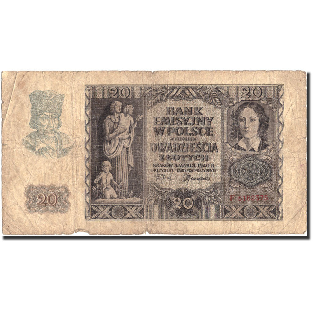 Biljet, Polen, 20 Zlotych, 1940, 1940-03-01, KM:95, B+