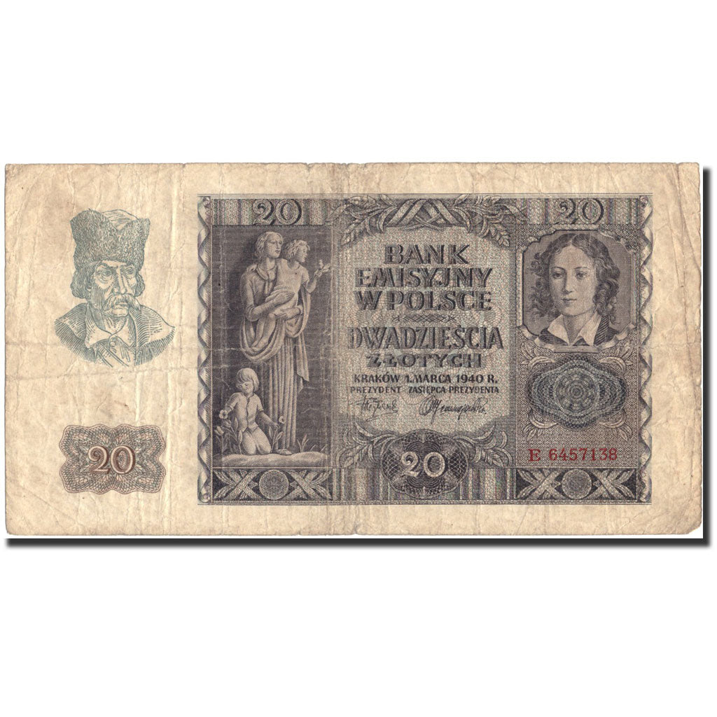 Geldschein, Polen, 20 Zlotych, 1940, 1940-03-01, KM:95, S+