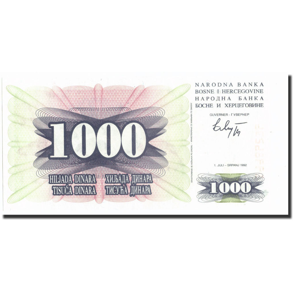 Billete, 1000 Dinara, 1992, Bosnia - Herzegovina, KM:15a, 1992-07-01, SC+