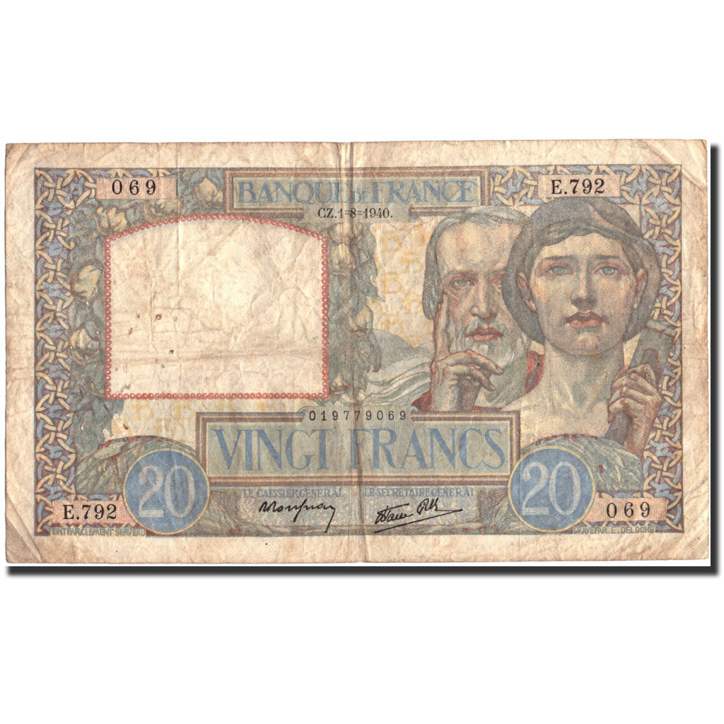 Billete, Francia, 20 Francs, 20 F 1939-1942 ''Science et Travail'', 1940