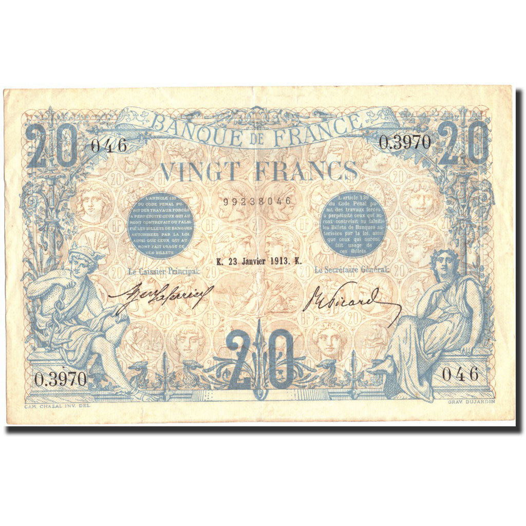 France, 20 Francs, 20 F 1905-1913 ''Bleu'', 1913, 1913-01-23, AU(50-53)
