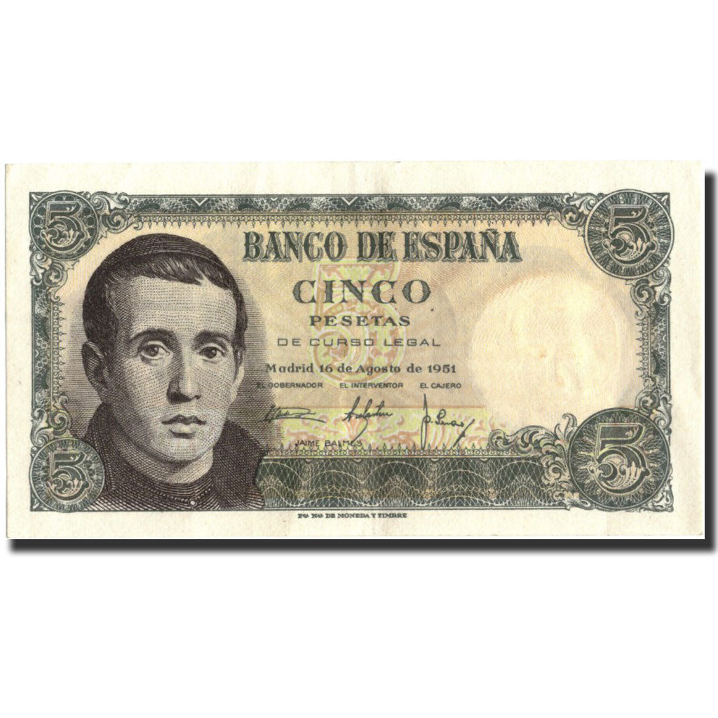 Banknote, Spain, 5 Pesetas, 1951, 1951-08-16, KM:140a, AU(55-58)