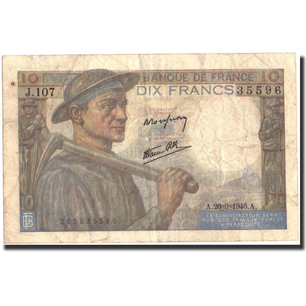 France, 10 Francs, 10 F 1941-1949 ''Mineur'', 1946, 1946-09-26, TB, KM:99e