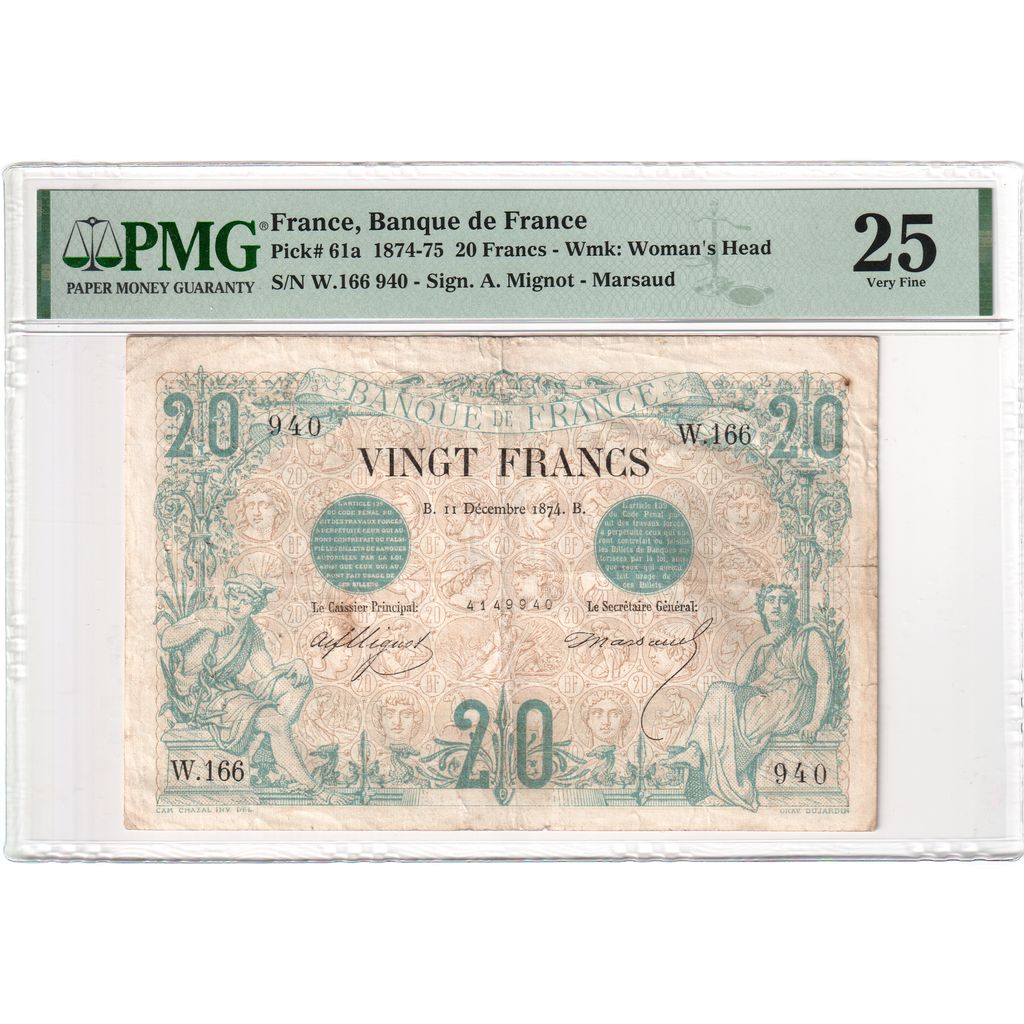 France, 20 Francs, Noir, 1874-12-11, W.166, VF(20-25)