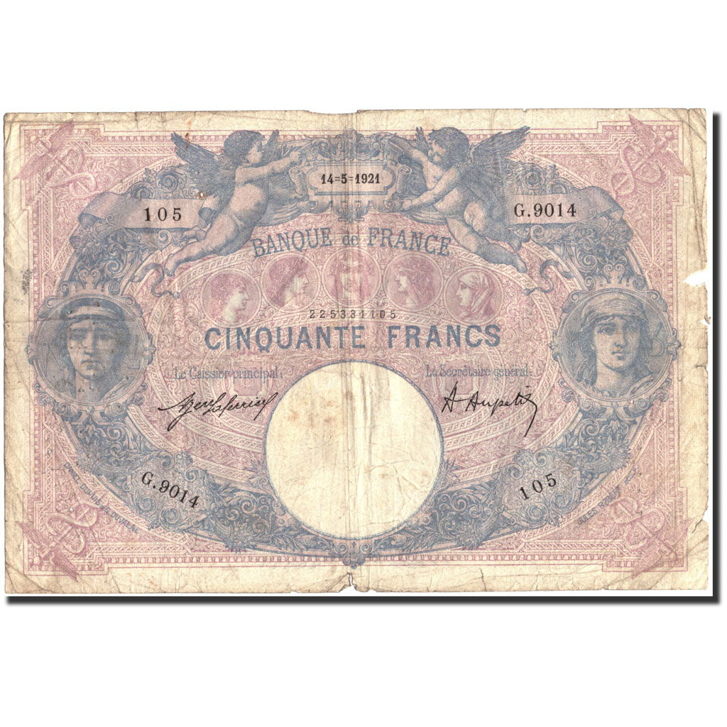 France, 50 Francs, 50 F 1889-1927 ''Bleu et Rose'', 1921, 1921-05-14, VG(8-10)